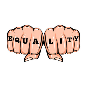 平等的纹身。女权主义与女性的拳头的海报。矢量图上白色孤立
