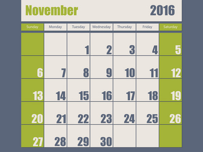蓝绿色 2016年 11 月日历