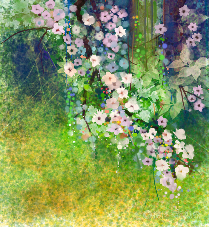 水彩绘画花草的嫩绿的叶子.黄色绿色颜色纹理 grunge 纸张背景上