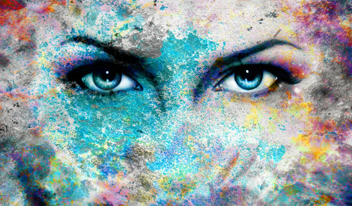 蓝色女神妇女眼，多色背景。眼神接触