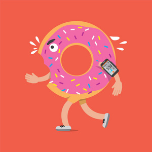 甜甜圈在运行与智能手机健康概念卡通人物矢量插图
