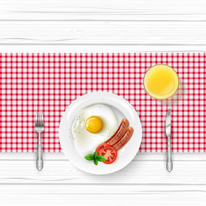 用煎蛋, 培根和橙汁在木桌上的早餐菜单的向量例证