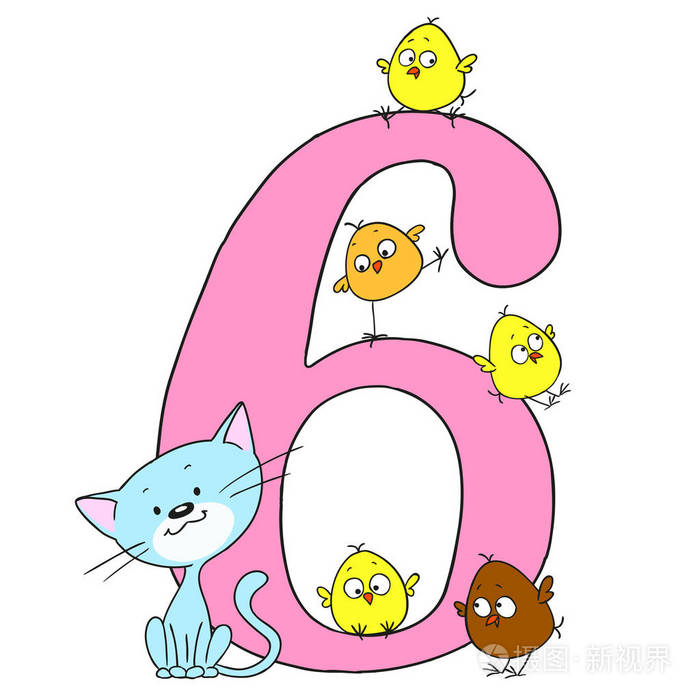 日期表示祝贺.鸟类和动物的数字.可爱的小猫和鸡.矢量卡通涂鸦