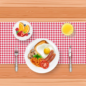 在木桌上用煎蛋和浆果吃早餐菜单的矢量插图