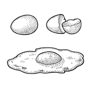 煎蛋和碎壳。老式黑色雕刻插图