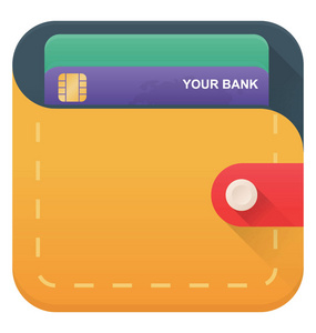 一个橙色的彩色钱包, 里面有信用卡, 平面图标设计