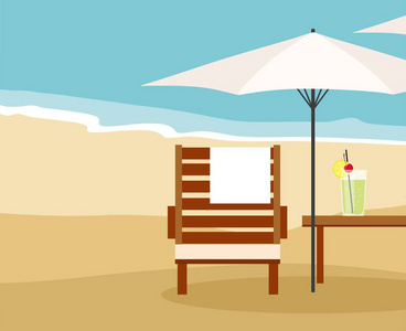 暑假和旅游。沙滩上的贵妃休息室和雨伞