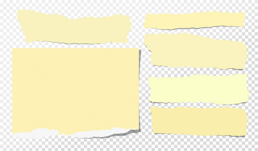 撕成碎片的黄色音符, 笔记本纸条为文本卡住的平方背景。矢量插图