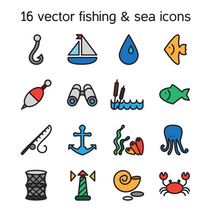 孤立的海洋和渔业图标设置图片