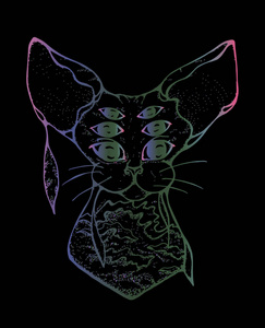 一只三双眼睛的迷幻猫的插图。彩在黑色背景下以日本风格的海浪装饰