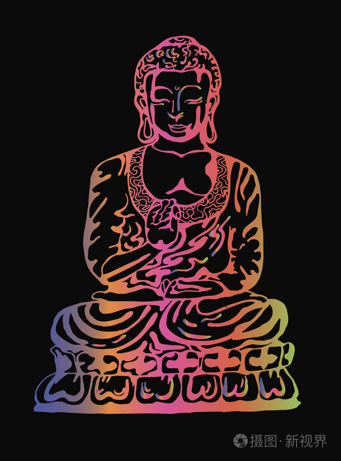 佛在禅修中以街头艺术的风格.黑色背景下黑白佛像的彩色矢量插图