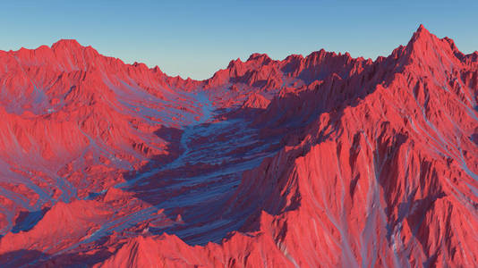 3d. 在一个外星人星球上渲染风景秀丽的山脉景观。火星与沙漠红色土壤的抽象科幻山