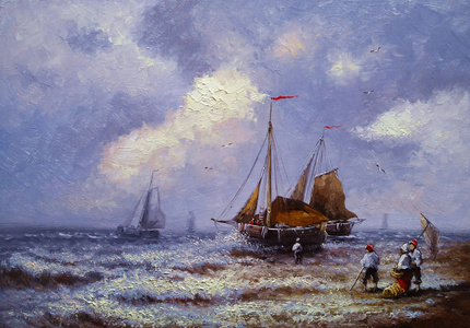 油画海洋景观, 渔夫, 美术, 船, 船