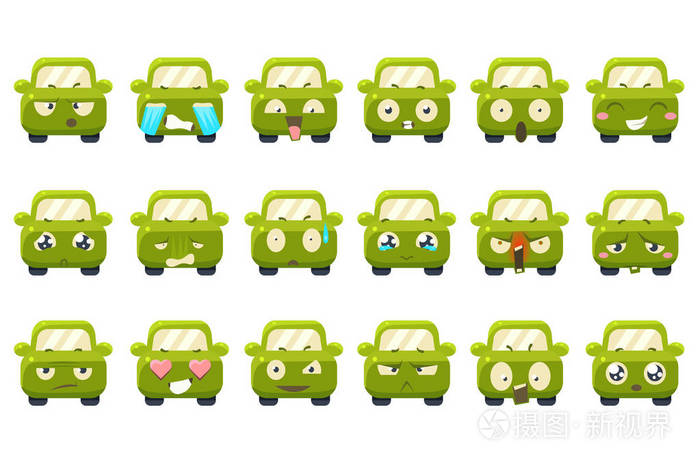 可爱的绿色汽车卡通人物显示不同的情绪铺石, 有趣的 emoji 表情网站