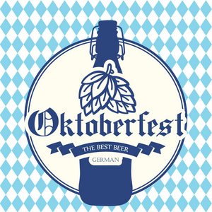 慕尼黑啤酒节图标。饮料菜单。矢量图和啤酒瓶在酒馆的素描样式。蓝象棋背景节日酒类