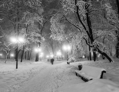 一个神话般的冬季城市公园的行人路