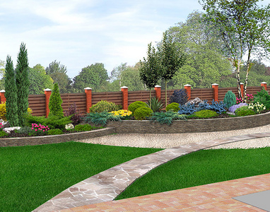 园林绿化侧院子园艺背景，3d 渲染