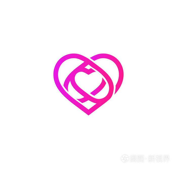 孤立的粉色抽象单线心标志.爱铅字.圣情人节一天图标.婚礼的符号.