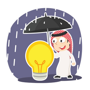 阿拉伯商人用雨伞保护灯泡
