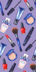 水彩妇女的睫毛膏, 奶油管, 红色口红, 指甲油指甲化妆品化妆套装无缝花纹纹理背景