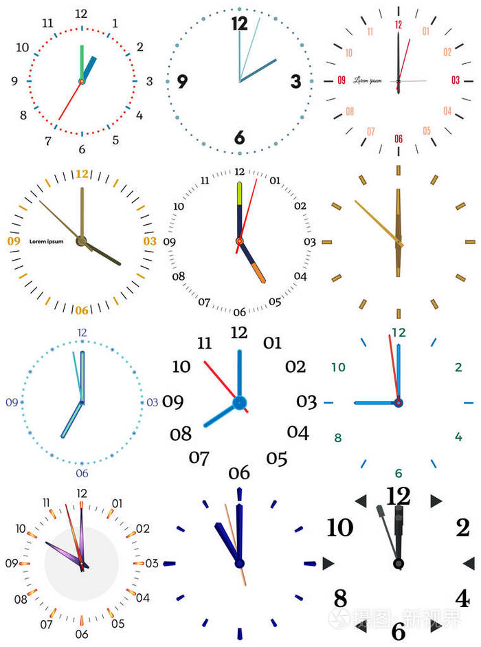 一组不同的机械时钟, 每个十二小时的图像