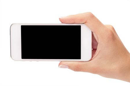 手着空白的屏幕在白色背景上的白色智能手机