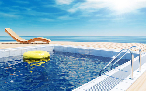蓝色的泳池，带黄色生活圈上漂浮水面，沙滩躺椅上木地板 阳光甲板上暑假，3d 渲染的海景房