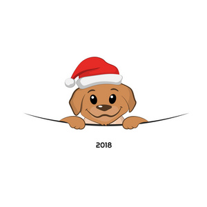 棕色小狗在圣诞节帽子。卡通风格的可爱的狗。象征2018新年。愉快的小狗在白色背景