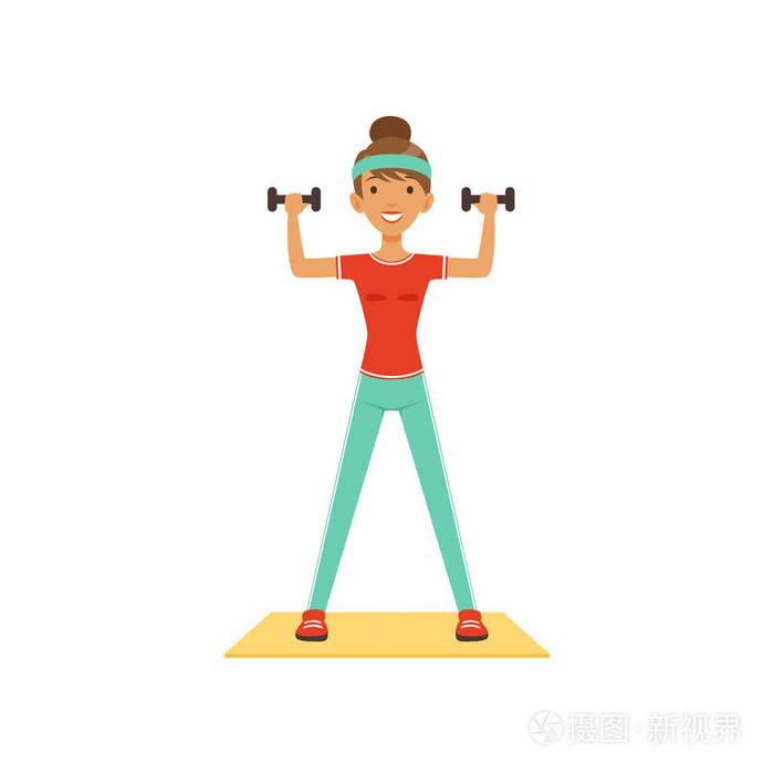 体育少妇字符锻炼用哑铃, 女孩在健身俱乐部或健身房里工作彩色矢量