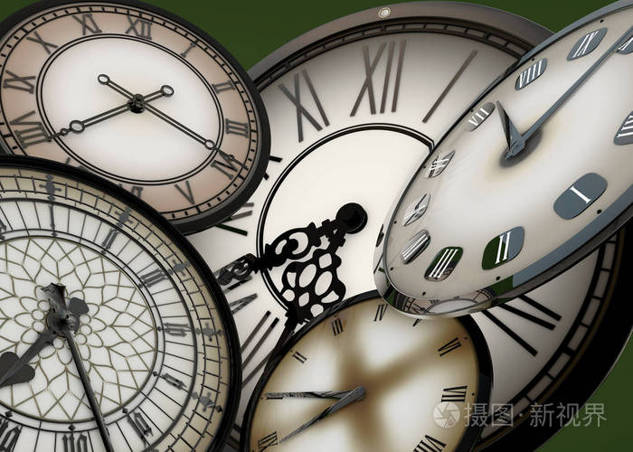 3d 在抽象空间中漂浮的时钟在背景上向前移动