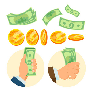 钞票, 飞行票据.一堆现金.翻转不同的角度.孤立的平面卡通插图照片