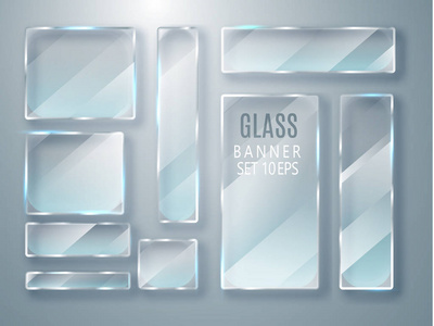 玻璃透明板设置。矢量玻璃透明背景下的现代横幅。平板玻璃。逼真的3d 设计。矢量透明物体 10 eps