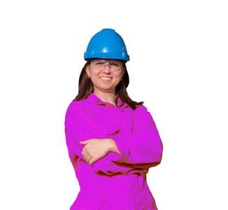 妇女工作者在橙色整体和蓝色安全头盔被隔绝在白色背景