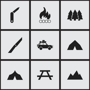 9 可编辑旅行图标集。包括如刀，折刀，峰值和更多的符号。可用于 Web 移动 Ui 和数据图表设计