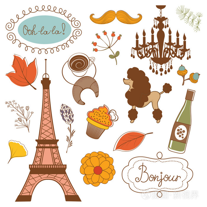 在巴黎的秋天。优雅与埃菲尔铁塔花鸟纸杯蛋糕和其他图形元素集
