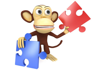 3d 可爱的猴子，用红色和蓝色的拼图