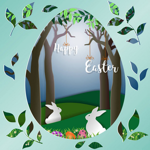 复活节彩蛋与兔子在森林中的绿草, 自然景观纸艺术场景背景