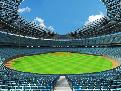 棒球体育场与天空蓝色座位和贵宾包厢的 3d 渲染