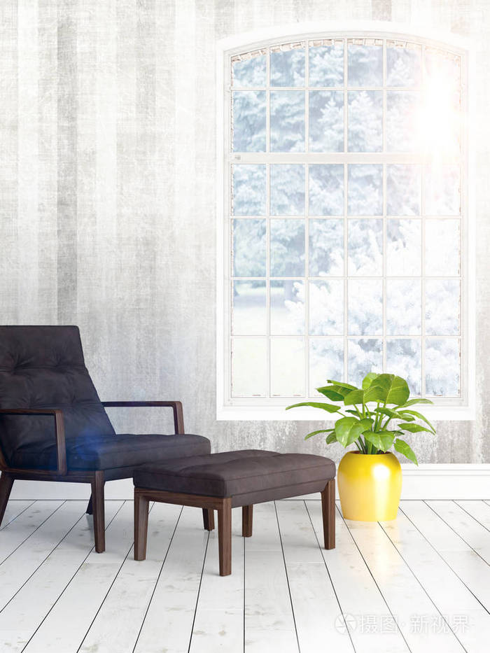 现代明亮室内与大窗口.3d 渲染