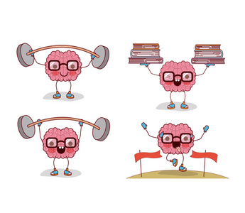 带眼镜的大脑卡通片, 在白色背景下锻炼身心
