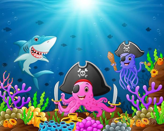 卡通海洋动物在海之下