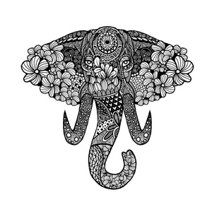 一只大象，手绘花边的程式化的头