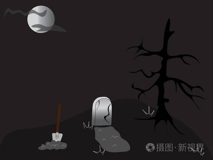 坟墓, 铲, 墓碑, 月亮和黑树.公墓的元素.公墓背景为装饰