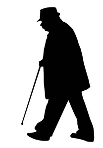 老男人拄着拐杖走在白色的背景, 矢量插图