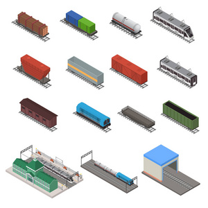 不同类型的火车3d 图标设置等距视图。矢量