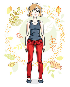年轻金发女郎站在秋季景观背景和时尚休闲服装。矢量人类图