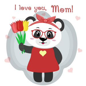 甜熊猫拥有三郁金香。祝贺你的母亲节, 以卡通风格