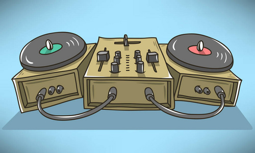 音响调音台和转盘卡通插图.矢量图形照片