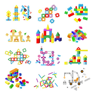 儿童积木矢量婴儿玩具彩色砖构建或构建可爱的彩色建筑 childroom 插图组儿童方块游戏在白色背景下被隔离