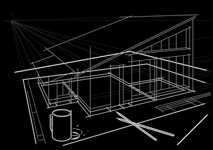 线性的建筑小品。建筑用铅笔和黑色背景上的咖啡杯子在桌子上画